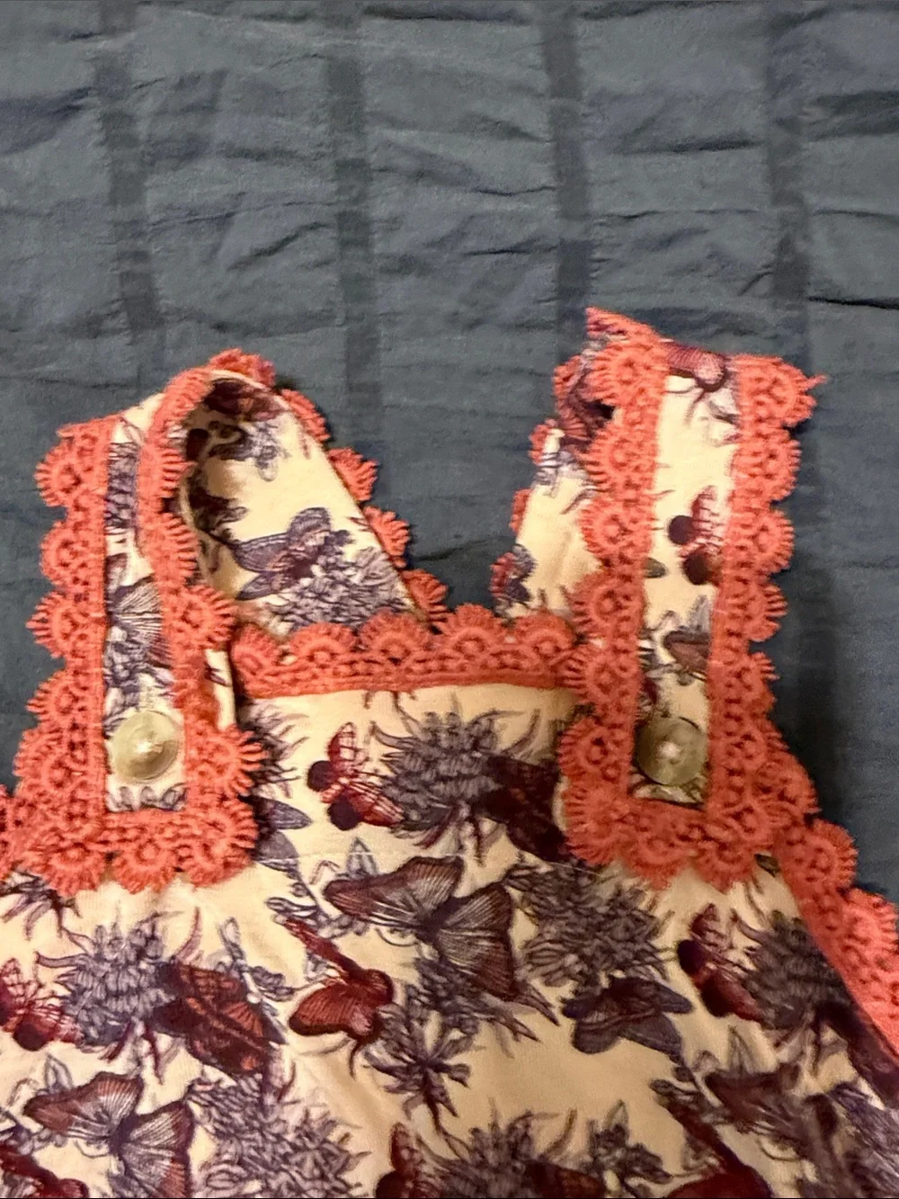 kate quinn Cream Romper with Coral Trim and Purple Floral Print